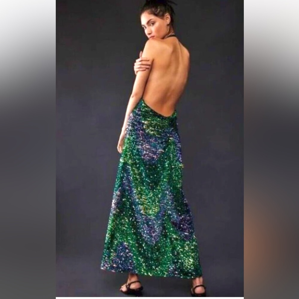 FREE PEOPLE Glitter & Gold Halter Sequin Midi Dress NEW Size S Green - Picture 9 of 15